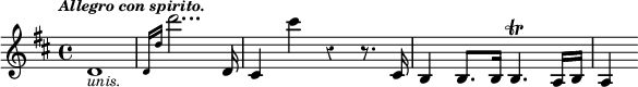 { \key d \major \override Score.Rest #'style = #'classical \time 4/4 \tempo \markup { \smaller \italic "Allegro con spirito." } \relative d' { d1_\markup { \smaller \italic unis. } \grace { d16[ d'] } d'2... d,,16 cis4 cis'' r r8. cis,,16 b4 b8. b16 b4.\trill a16 b a4 } }