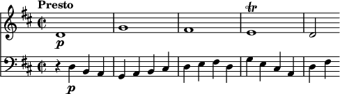 
<< 
  \new Staff  
  \relative c' {
     \version "2.18.2"
     \key d \major
     \tempo "Presto"
     \time 2/2
   d1\p g fis e\trill d2
  } 
  \new Staff
  \relative c' {
    \clef bass
    \key d \major
    \time 2/2
   r4 d,4\p b a
   g a b cis 
   d e fis d
   g e cis a
   d fis  
  }
>>
