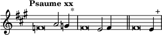 \language "français" % pour avoir du sol, la etc...
\relative { \key la \major \tempo "Psaume xx"   
            \set Score.tempoHideNote = ##t \tempo 4 = 200 \cadenzaOn % rythme pour le midi, retrait des barre auto
            \override Score.TimeSignature.stencil = ##f %Enlève la clef de Do
            \override Score.SpacingSpanner.common-shortest-duration = #(ly:make-moment 1 2) %Espace entre les notes 1/2 c’est bien.
fa'\breve la2 sol4 s2^"*"\bar "|"
fa\breve mi2 fa4 s2\bar "||" 
fa\breve mi4 s2^"+"\bar "|" 
   \cadenzaOff }