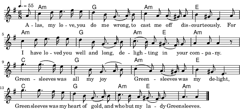 

\version "2.12.3"

\language "deutsch"

\header {
  tagline = ""
}

\layout {
  indent = #0
} 

akkorde = \chordmode {
    \germanChords
    \set chordChanges = ##t
    s8 a1*6/8:m g a:m e a:m g a1*3/8:m e a1*6/8:m c g a:m e c g a1*3/8:m e a1*6/8:m
}

global = {
  \autoBeamOff
  \tempo 4. = 55
  \time 6/8
  \key a \dorian
}

melodie = \relative c'' {
  \global
  \partial8 a8
  c4 d8 e8. fis16 e8
  d4 h8 g8.( a16) h8
  c4 a8 a8.( gis16) a8
  h4 gis8 e4 a8
  c4 d8 e8. fis16 e8
  d4 h8 g8.( a16) h8
  c8.( h16) a8 gis8.( fis16) gis8
  a4 a8 a4 r8
  g'4.g8.( fis16) e8
  d4 h8 g8.( a16 h8)
  c4( a8) a8.( gis16) a8
  h4 gis8 e4.
  g'4.g8. fis16 e8
  d4 h8 g8.( a16) h8
  c8. h16 a8 gis8.( fis16) gis8
  a4. a4
  \bar "|."
}


text = \lyricmode {
A -- las, my lo -- ve, you do me wrong,
to cast me off dis -- cour -- teous -- ly.
For I have lo -- ved you well and long,
de -- ligh -- ting in your com -- pa -- ny.
Green -- sleeves was all my joy
Green -- sleeves was my de -- light,
Green -- sleeves was my heart of gold,
and who but my la -- dy Greensleeves.
}

\score {
  <<
    \new ChordNames { \akkorde }
    \new Voice = "Lied" { \melodie }
    \new Lyrics \lyricsto "Lied" { \text }
  >>
\midi {}
\layout {}
}
