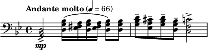  \relative c { \clef bass \time 4/4 \tempo "Andante molto" 4=66 \key bes \major <d bes g>2->\mp <bes' g d>16( <a fis ees> <bes g d> <a fis ees> <bes g d>8) <bes g d> | <d bes g>-- <cis a ees>-- <d bes g>-- <bes g d>-- <c f, c>2-> |} 