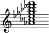 {
  % Rivin lopun pystyviiva ja tahtiosoitus piiloon.
  \override Score.BarLine.break-visibility = ##(#f #t #t)
  \override Staff.TimeSignature #'stencil = ##f
  
  <aes' ces'' ees'' ges'' bes'' des''' f'''>1
}
