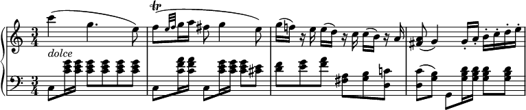 
 \ related c '{\ new PianoStaff << \ new Staff {\ key c \ major \ time 3/4 c''4 (g4. e8) f \ trill ([\ grace {e32 [f]} g16 a] fis8 g4 e8) g16 (f!) ree (d) rcc (b) ra <a fis> 8 (g4) g16-.  a-.  B-.  C-.  D-.  mi-.  } \ new Dynamics {s4_ \ markup \ italic dolce} \ new Staff {\ key c \ major \ time 3/4 \ clef bass c ,, 8 <g '' ec> 16 <ge c> <ge c> 8 < ge c> <ge c> <ge c> c ,, 8 <a '' fc> 16 <af c> c ,, 8 <g '' ec> 16 <ge c> <ge c> 8 <e cis> <fd> [<ge> <af>] <a, fis> <bg> <c!  d,> <cd,> (<b g>) g, <d '' b g> 16 <db g> <db g> 8 <db g>} >>}
