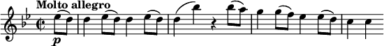 
\relative c'' { \key g \minor \tempo "Molto allegro" \time 2/2 \set Staff.midiInstrument = #"violine" \set Score.tempoHideNote = ##t \tempo 2 = 105 \partial 4 es8 (\pd) |  d4 es8( d) d4 es8( d) |  d4( bes') r bes8( a) |  g4 g8( f) es4 es8( d) |  c4 c }
