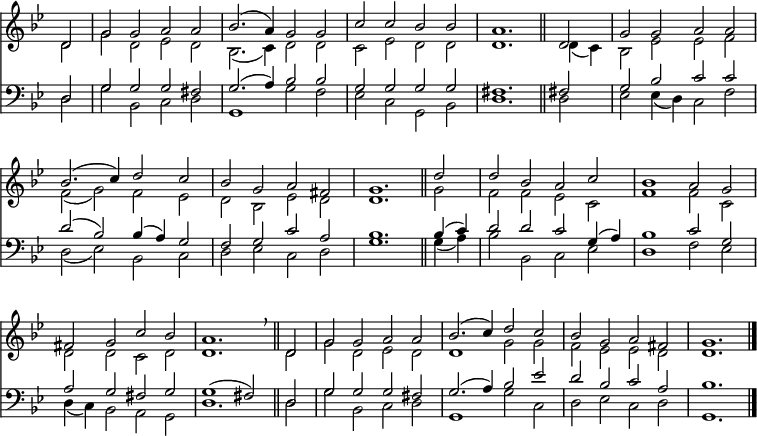 
<< <<
\new Staff { \clef treble \time 4/2 \key g \minor \partial 2 \set Staff.midiInstrument = "church organ" \omit Staff.TimeSignature \set Score.tempoHideNote = ##t \override Score.BarNumber  #'transparent = ##t
  \relative c'
  << { d2 | g g a a | bes2.( a4) g2 g | c c bes bes | a1. \bar"||"
       d,2 | g g a a | \break bes2.( c4) d2 c | bes g a fis | g1. \bar"||"
       d'2 | d bes a c | bes1 a2 g | \break fis g c bes | a1. \breathe \bar"||" 
       d,2 | g g a a | bes2.( c4) d2 c | bes g a fis | g1. \bar"|." } \\
  { d2 | g d es d | bes2.( c4) d2 d | c es d d | d1. d4( c) | bes2 es es f
    f( g) f es | d bes es d | d1. g2 | f f es c | f1 2 c |
    d d c d | d1. 2 | g d es d | d1 g2 g | f es es d | d1. } >>
}
\new Staff { \clef bass \key g \minor \set Staff.midiInstrument = "church organ" \omit Staff.TimeSignature
  \relative c
  << { d2 | g g g fis | g2.( a4) bes2 2 | g g g g | fis1. fis!2 | g bes c c 
       d( bes) bes4( a) g2 | f g c a | bes1. 4( c) | d2 d c g4( a) | bes1 c2 g
       a g fis g | g1( fis2) d | g g g fis | g2.( a4) bes2 es | d bes c a | bes1. } \\
  { d,2 | g bes, c d | g,1 g'2 f | es c g bes | d1. 2 | es es4( d) c2 f 
    d( es) bes c | d es c d | g1. 4( a) | bes2 bes, c es | d1 f2 es
    d4( c) bes2 a g | d'1. 2 | g bes, c d | g,1 g'2 c, | d es c d | g,1. } >>
}
>> >>
\layout { indent = #0 }
\midi { \tempo 2 = 76 }
