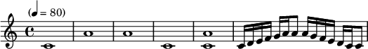 
\language "english" \relative c
% EDIT BEGIN  \transpose (\set \tempo)
\transpose c c'' 
{\set Staff.midiInstrument = #"lead 2" \key c\major \time 4/4 
\tempo "" 4 = 80 % EDIT END 

c,1 a,1 a,1 c,1 <a,c,> c,16 d, e, f, g, a, a,8 a,16 g, f, e, d, c, c,8 
}  