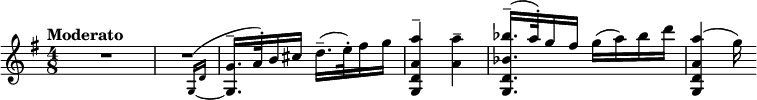 \relative c' \new Staff { \key g \major \set Score.tempoHideNote = ##t \tempo "Moderato" 8=108 \time 4/8  #(define afterGraceFraction (cons 15 16)) \set tieWaitForNote = ##t  R2 \afterGrace R2 { g16~^( d' } <g g,>16.^- a32^.) b16 cis d16.^-( e32^.) fis16 g  <a a, d, g,>4^- <a a,>^- <bes bes, d, g,>16.^-^( a32^.) g16 fis g( a) bes d  <a a, d, g,>4( g16)}