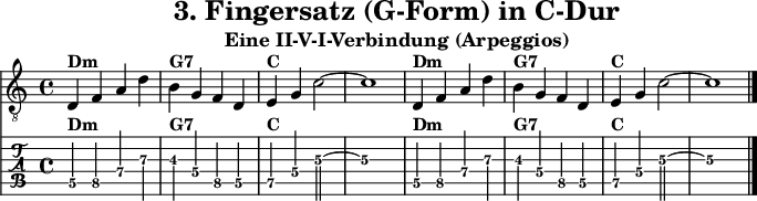 
\version "2.20.0"
\header {
  title="3. Fingersatz (G-Form) in C-Dur"
  subtitle="Eine II-V-I-Verbindung (Arpeggios)"
}
%% Diskant- bzw. Melodiesaiten
Diskant = \relative c {
  \set TabStaff.minimumFret = #4
  \set TabStaff.restrainOpenStrings = ##t
  \key c \major
  
  d4^\markup { \bold {Dm} } f a d |
  b^\markup { \bold {G7} } g f d |
  e^\markup { \bold {C} } g c2~ | c1 |
  d,4^\markup { \bold {Dm} } f a d |
  b^\markup { \bold {G7} } g f d |
  e^\markup { \bold {C} } g c2~ | c1 
  \bar "|."
}

%% Layout- bzw. Bildausgabe
\score {
  <<
    \new Voice  { 
      \clef "treble_8" 
      \time 4/4  
      \tempo 4 = 120 
      \set Score.tempoHideNote = ##t
      \Diskant 
    }
    \new TabStaff { \tabFullNotation \Diskant }
  >>
  \layout {}
}

%% Midiausgabe mit Wiederholungen, ohne Akkorde
\score {
  <<
    \unfoldRepeats {
      \new Staff  <<
        \tempo 4 = 120
        \time 4/4
        \set Staff.midiInstrument = #"acoustic guitar (nylon)"
        \clef "G_8"
        \Diskant
      >>
    }
  >>
  \midi {}
}
%% unterdrückt im raw="!"-Modus das DinA4-Format.
\paper {
  indent=0\mm
  %% DinA4 = 210mm - 10mm Rand - 20mm Lochrand = 180mm
  line-width=180\mm
  oddFooterMarkup=##f
  oddHeaderMarkup=##f
  % bookTitleMarkup=##f
  scoreTitleMarkup=##f
}
