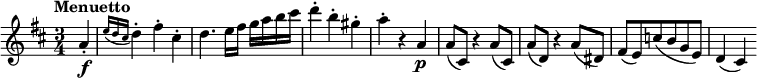 
\version "2.18.2"
\relative c'' {
  \key d \major
  \time 3/4
  \tempo "Menuetto "
  \tempo 4 = 140
  \partial 4 a4-. \f 
  \grace {e'16 (d cis} d4-.) fis)-. cis-.
  d4. e16 fis g a b cis
  d4-. b-. gis-.
  a-. r a, \p
  a8 (cis,) r4 a'8 (cis,)
  a' (d,) r4 a'8 (dis,)
  fis (e) c' (b g e)
  d4 (cis)
}
