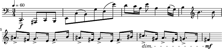 
  \ relative c {\ clef bass \ time 3/4 \ key c \ major \ tempo 4 = 60 c, 4 .-> \ f ais8 cb |  e c '(b) g' e (e ') |  d c16 a e'8 a, 4 b16 (г) |  b4 \ скрипичный ключ b'4.  b8 |  ais8 .-> fis16 g8 .-> e16 fis8 .-> b16 |  ais8 .-> fis16 g8 .-> e16 fis8 .-> bis16 |  cis8 .-> \ dim gis16 a8 .-> fis16 g8 .-> e16 |  fis4 \ mf}
