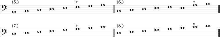 { \override Score.TimeSignature #'stencil = ##f \clef bass \cadenzaOn \relative a, { a1^"(5.)" b c d\breve e1 f^"*" g a \bar "||" b,^"(6.)" c d e\breve f1 e a^"*" b \bar "||" c,^"(7.)" d e f\breve g1 a^"*" b c \bar "||" d,^"(8.)" e f g\breve a1 b c^"*" d \bar "||" } }