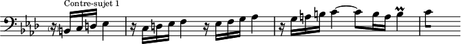 
\version "2.18.2"
\header {
  tagline = ##f
}

\score {
  \new Staff \with {
    \remove "Time_signature_engraver"
  }
<<
  \relative c {
    \clef bass
    \key f \minor
    \time 4/4

     %% CONTRE-SUJET fugue CBT I-12, BWV 857, fa mineur
     \partial 2 \parenthesize r16 b16^\markup{\tiny "Contre-sujet 1"} c d ees4 r16 c16 d ees f4 r16   ees16 f g aes4 r16 g16 a b c4~ c8 b16 a b4\prall 
{ 
 % suppression des warnings :
 #(ly:set-option 'warning-as-error #f)
 #(ly:expect-warning (_ "stem does not fit in beam")) %% <= à traduire éventuellement
 #(ly:expect-warning (_ "beam was started here")) %% <= à traduire éventuellement
  \set stemRightBeamCount = #1
  c4*1/2[ s]
}

  }
>>
  \layout {
     \context { \Score \remove "Metronome_mark_engraver" 
     %\override SpacingSpanner.common-shortest-duration = #(ly:make-moment 1/2) 
}
  }
  \midi {} 
}
