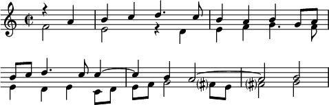 
\language "italiano"
porteeA = \relative do'' {
  \time 2/2 
   << { \voiceOne
         \partial 2 r4 la | si do re4. do8 | si4 la si sol8 la | \break
         \override Score.Clef.break-visibility = ##(#f #f #f)
         si8 do re4. do8 do4~ | do si la2~ | la si |
      } 
     \new Voice { \voiceTwo 
         \partial 2 fa2 | mi r4 re | mi fa sol4. fa8 | \break 
         mi4 re mi do8 re | mi fa sol2 fad?8 mi | fad?2 sol |
     } 
   >> 
}
\score {
    \new Staff = "mel" <<
      \clef "treble" 
      \new Voice = "mel"  { \porteeA }
    >>
  \layout {
    \context { \Staff \RemoveEmptyStaves }
    indent = 0\cm
    \override Score.BarNumber #'stencil = ##f
    line-width = #120
  }
  \midi { }
 }
\header { tagline = ##f}
