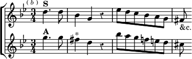  \new ChoirStaff << \override Score.Rest #'style = #'classical
  \new Staff \relative d'' { \key g \minor \time 3/4 \partial 2 \mark \markup \tiny { (\italic"b") }
    d4.^\markup \bold "S" d8 | bes4 g r |
    ees'8 d c bes a g | fis_"&c." }
  \new Staff \relative g'' { \key g \minor
    g4.^\markup \bold "A" g8 | fis4^"*" d r |
    bes'8 a g f! e d | cis } >>