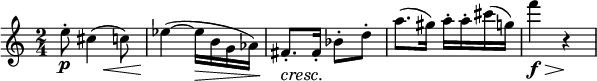 
\relative c'' {
\time 2/4
  \override TupletBracket #'stencil = ##f
  \override Score.BarNumber #'stencil = ##f
  \key c\major

e8\p\staccato <<cis4({s8 s\<} >> c8) | es4~(\! es16\> b g as)| fis8.\staccato\cresc fis16\staccato\! bes8\staccato d\staccato | a'8.( gis16) a\staccato a\staccato cis( g) | f'4\f\> r\!
}
