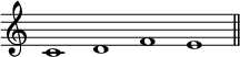 { \override Score.TimeSignature #'stencil = ##f \cadenzaOn c'1 d' f' e' \bar "||" }