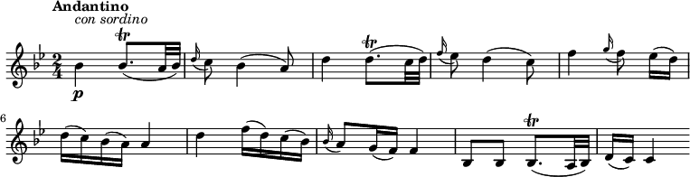 
\relative c' { 
    \version "2.18.2"
    \clef "treble" 
    \tempo "Andantino" 
    \key bes  \major
    \time 2/4
   bes'4 \p^\markup {\italic {con sordino}} bes8. \trill  (a32 bes)
   \grace d16 (c8) bes4 (a8)
   d4 d8. \trill  (c32 d)
   \grace f16 (ees8) d4 (c8)
   f4 \grace g16 (f8) ees16 [(d)]
   d (c) bes (a) a4
   d4 f16 (d) c (bes)
   \grace bes16 (a8) g16 (f) f4
   bes,8 bes  bes8. \trill  (a32 bes)
   d16 (c) c4
}
