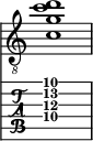  
<<
  %\override Score.BarLine.break-visibility = ##(#f #t #t)
  \time 1/1
    \new Staff  {
    \clef "treble_8"
        \once \override Staff.TimeSignature #'stencil = ##f
        <  c' g' c'' d''>1
    }

     \new TabStaff {
       \override Stem #'transparent = ##t
       \override Beam #'transparent = ##t 
      <  c'\4 g'\3 c''\2 d''\1>1
  }
>>
