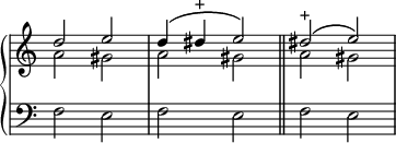 
\language "italiano"
upper = \relative do'' {
  \override Staff.TimeSignature #'stencil = ##f
  \clef treble
  \key do \major
  <<  {
        \voiceOne
        re2 mi | re4\( red^\markup{+} mi2\) \bar "||" red!2\(^\markup{+} mi\)
      }
      \new Voice {
        \voiceTwo
        la,2 sold | la sold \bar "||" la sold
      }
    >>
}
lower = \relative do {
  \override Staff.TimeSignature #'stencil = ##f
  \clef bass
  \key do \major
        fa2 mi | fa mi \bar "||" fa mi
}
\score {
  \layout {
    \context {
      \Score
      \override SpacingSpanner.base-shortest-duration = #(ly:make-moment 1/16)
    }
  }
  \new PianoStaff <<
    \new Staff = "upper" \upper
    \new Staff = "lower" \lower
  >>
}
\header { tagline = ##f}
\paper {
  indent = 0
  line-width = #120
}
