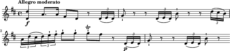 
\ relative c '{\ key d \ major \ time 4/4 \ tempo "Allegro moderato" \ tempo 4 = 70 <d d'> 4 \ f a'8.  a16 fis8 d r8 \ tuplet 3/2 {d16 (ed)} g8-!  r8 r8 \ tuplet 3/2 {d16 (ed)} b'8-!  r8 r8 \ tuplet 3/2 {d16 (cis b)} \ tuplet 3/2 {a16 d (cis} \ tuplet 3/2 {d) e-!  fis-!} g8-!  g-!  g-!  \ trill fis r8 \ tuplet 3/2 {d, 16 \ p (ed)} g8-!  r8 r8 \ tuplet 3/2 {d16 (ed)} b'8-!  r8}
