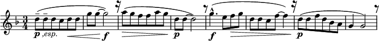 
\relative c'' {  
   \new Staff  
   { \key d \minor \time 3/4
    [ d8---\markup { \dynamic p \italic { ,esp.} }( d-- d c d\<  d ] | g g~g2\f) \mark \markup { \musicglyph "rests.4" }                 
    [ a8(\> g f f a g ]| d8\p d~d2) \mark \markup { \musicglyph "rests.3" }  |      
    g4.\f-^( e8 [ f\> g] | [ d d c f~] f4)  \mark \markup { \musicglyph "rests.4" }  |
    [ d8\p( d f d bes a ] | g4 g2) \mark \markup { \musicglyph "rests.3" } |
 } }
