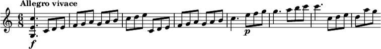 
\version "2.18.2"
\relative c'' {
  \key c \major
  \time 6/8
  \tempo " Allegro vivace"
  \tempo 4 = 200
   <g, e' c'>4. \f c8 d e
   f g a g a b
   c d e c, d e
   f g a g a b
   c4. e8  \p f g
   g4. a8 b c
   c4. c,8 d e
   d a' g
}
