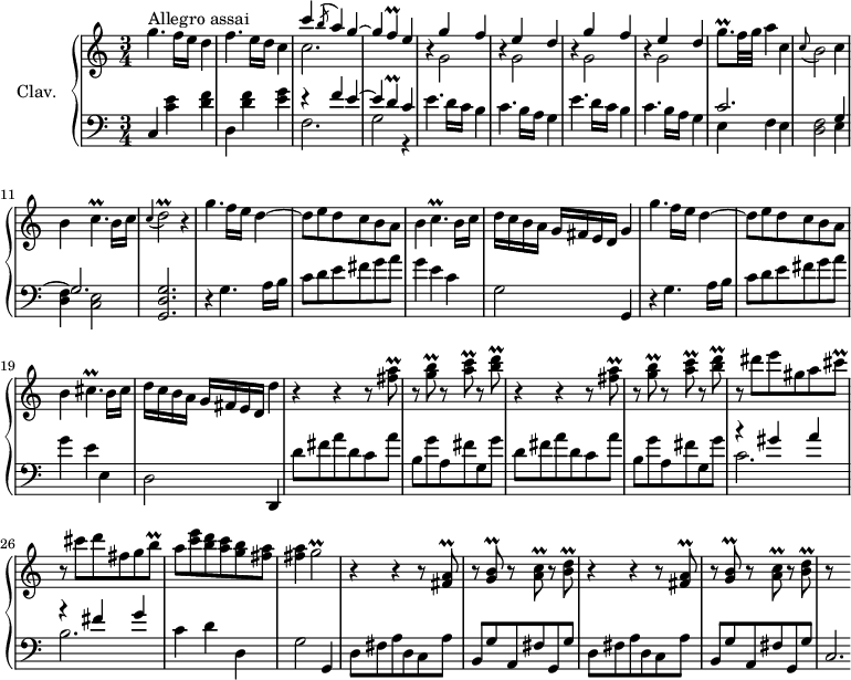 
\version "2.18.2"
\header {
  tagline = ##f
  % composer = "Domenico Scarlatti"
  % opus = "K. 527"
  % meter = "Allegro assai"
}

%% les petites notes
trillGb      = { \tag #'print { g2\prall } \tag #'midi { a32 g a g~ g4. } }
trillD       = { \tag #'print { d4\prall } \tag #'midi { e32 d e d~ d8 } }
trillF       = { \tag #'print { f4\prall } \tag #'midi { g32 f g f~ f8 } }
trillGqpUp   = { \tag #'print { g'8.\prall } \tag #'midi { a32 g a g~ g16 } }
trillFisAq   = { \tag #'print { < fis a >8\prall } \tag #'midi { << { b32 a b a } \\ { fis8 } >> } }
trillGBq     = { \tag #'print { < g b >8\prall } \tag #'midi { << { c32 b c b } \\ { g8 } >> } }
trillACq     = { \tag #'print { < a c >8\prall } \tag #'midi { << { d32 c d c } \\ { a8 } >> } }
trillBDq     = { \tag #'print { < b d >8\prall } \tag #'midi { << { e32 d e d } \\ { b8 } >> } }
trillbq      = { \tag #'print { b8\prall } \tag #'midi { cis32 b cis b } }
trillcisq    = { \tag #'print { cis8\prall } \tag #'midi { d32 cis d cis } }
trillCp      = { \tag #'print { c4.\prall } \tag #'midi { d32 c d c~ c4 } }
trillDb      = { \tag #'print { d2\prall } \tag #'midi { e32 d e d~ d4. } }
trillCisp    = { \tag #'print { cis4.\prall } \tag #'midi { d32 cis d cis~ cis4 } }

upper = \relative c'' {
  \clef treble 
  \key c \major
  \time 3/4
  \tempo 4 = 110

      s8*0^\markup{Allegro assai}
      g'4. f16 e d4 | f4.e16 d c4 | << { c'4 \acciaccatura b8 a4 g~| g \trillF e4 } \\ { c2. } >>
      % ms. 5
      \repeat unfold 2 { << { s4 g'4 f s4 e4 d } \\ { \repeat unfold 2 { b4\rest g2 } } >> } | \trillGqpUp f32 g a4 c, |
      % ms. 10
      \appoggiatura c8 b2 c4 | b \trillCp b16 c | \appoggiatura c4 \trillDb r4 | g4. f16 e d4~ | d8 e d c b \tag #'print a8 \tag #'midi r8 |
      % ms. 15
      b4 \trillCp b16 c | d c b a g fis e d g4 | g'4. f16 e d4~ | d8 e d c b \tag #'print a8 \tag #'midi r8 | b4 \trillCisp b16 cis |
      % ms. 20
      d16 c b a g fis e d d'4 | \repeat unfold 2 { r4 r4 r8 \trillFisAq r8 \trillGBq r8 \trillACq r8 \trillBDq }
      % ms. 25
      r8 dis8 e gis, a \trillcisq | r8 cis8 d fis, g \trillbq | a8 < c e > < b d > < a c > < g b > < fis a > | q4 \trillGb |
      % ms. 29
      \repeat unfold 2 { r4 r4 b,8\rest \trillFisAq r8 \trillGBq r8 \trillACq r8 \trillBDq } | r8 s8

}

lower = \relative c' {
  \clef bass
  \key c \major
  \time 3/4

    % ************************************** \appoggiatura a16  \repeat unfold 2 {  } \times 2/3 { }   \omit TupletNumber 
      c,4 < c' e > < d f > | d, < d' f > < e g > | << { r4 f4 e~ | e \trillD c4 } \\ { f,2. | g2 r4 } >> |
      % ms. 5
      \repeat unfold 2 { e'4. d16 c b4 | c4. b16 a g4 } | << { c2. } \\ { e,4 f e } >>
      % ms. 10
      < d f >2 << { g4~ | g2. } \\ { e4 | < d f > < c e >2 } >> < g d' g >2. | r4 g'4. a16 b | c8 d e fis g a |
      % ms. 15
      g4 e c | g2 g,4 | r4 g'4. a16 b | c8 d e fis g a | g4 e e, |
      % ms. 20
      d2 d,4 | \repeat unfold 2 { d''8 fis a d, c a' | b, g' a, fis' g, g' }
      % ms. 25
      << { r4 gis4 a | r4 fis4 g } \\ { c,2. b } >> | c4 d d, | g2 g,4 |
      % ms. 29
      \repeat unfold 2 { d'8 fis a d, c a' | b, g' a, fis' g, g' } | c,2.*1/3

}

thePianoStaff = \new PianoStaff <<
    \set PianoStaff.instrumentName = #"Clav."
    \new Staff = "upper" \upper
    \new Staff = "lower" \lower
  >>

\score {
  \keepWithTag #'print \thePianoStaff
  \layout {
      #(layout-set-staff-size 17)
    \context {
      \Score
     \override TupletBracket.bracket-visibility = ##f
     \override SpacingSpanner.common-shortest-duration = #(ly:make-moment 1/2)
      \remove "Metronome_mark_engraver"
    }
  }
}

\score {
  \keepWithTag #'midi \thePianoStaff
  \midi { \set Staff.midiInstrument = #"harpsichord" }
}
