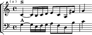  \new ChoirStaff <<
  \new Staff \relative c' { \key c \major \time 4/4 \mark \markup \tiny { ( \italic a ) }
    c4^\markup \bold "S" ~ c16 b c d e8 c a fis' | g4 }
  \new Staff \relative g { \clef bass \key c \major
    g4^\markup \bold "A" ~ g16 e f g a8 f d b' | c4 } >>