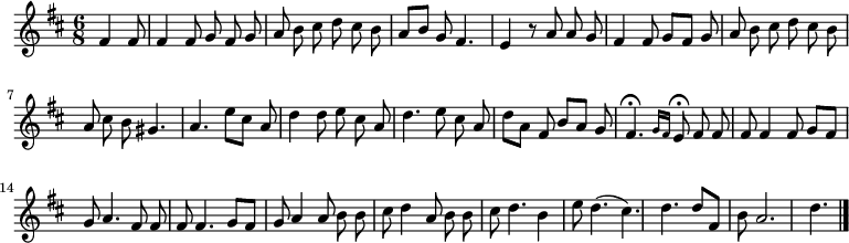 
\relative c' {
  \key d \major
  \time 6/8
  \partial 4.
  \autoBeamOff
  fis4 fis8
  fis4 fis8 g fis g
  a b cis d cis b
  a[ b] g fis4.
  e4 r8 a a g
  fis4 fis8 g[ fis] g
  a b cis d cis b

  a cis b gis4.
  a e'8[ cis] a
  d4 d8 e cis a
  d4. e8 cis a
  d[ a] fis b[ a] g
  fis4.\fermata \grace { g16[ fis] } e8\fermata fis fis fis
  fis4 fis8 g[ fis] g

  % tourne

  a4. fis8 fis fis
  fis4. g8[ fis] g
  a4 a8 b b cis
  d4 a8 b b cis
  d4. b4 e8
  d4.( cis)
  d d8[ fis,] b
  a2.
  d4.
  \bar "|."
}
