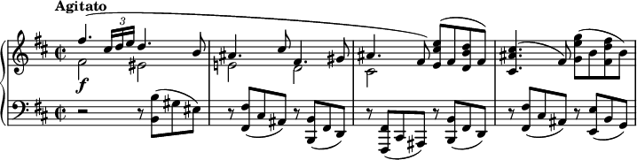 
{ \new PianoStaff {<<
 \new Staff {<<
 \relative fis'' { \key b \minor \time 2/2 \stemUp \slurUp \dotsUp \tempo "Agitato"
 fis4.( _\markup{ \dynamic "f" } \times 2/3 { cis16 d e } d4. b8 ais4. cis8 fis,4. gis8 ais4. fis8) \stemNeutral <e cis' e>( fis <d b' d> fis) <cis ais' cis>4.( fis8) <g e' g>8( b <fis d' fis> b)
 }
 \relative fis' { \key b \minor \time 2/2 \stemDown fis2 eis e! d cis}
 >>}
 \new Staff {\key b \minor \time 2/2 \clef "bass" \relative b, {
 r2 r8 <b b'>( gis' eis) r8 <fis, fis'>( cis' ais) r8 <b, b'>( fis' d)
 r8 <fis, fis'>( cis' ais) r8 <b b'>( fis' d) r8 <fis fis'>( cis' ais) r8 <e e'>( b' g)}}
>>}}
