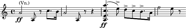 \relative a'{\key a \minor \time 4/4 a2_\markup{\dynamic \center-align ff}^\markup{(Vn.)} a,8 r c'8. b16 a2 a,8 r r4 <a e' c' a'>4.(_\markup{\dynamic \center-align ff} e''8->) d->[ c-> b8.-> a16] f'2 e8 r}