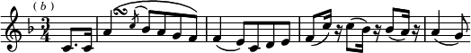  \relative c' { \key f \major \time 3/4 \partial 4 \mark \markup \tiny { ( \italic b ) } c8. c16 | << { a'4\( \acciaccatura c8 bes a g f\) } \\ { s8 s^\turn } >> | f4( e8) c d e | f( c'16) r c8( bes16) r bes8( a16) r | a4( g8) }