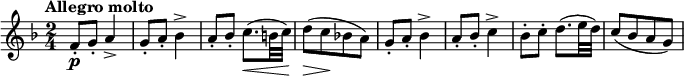 
\relative c' {
 \set Score.tempoHideNote = ##t \tempo "Allegro molto" 4=134 \key f \major \time 2/4
 f8-. \p g-. a4-> g8-. a-. bes4-> a8-. bes-. c8.\< ( b32 c) d8\> ( [ c\! bes! a] )
 g8-. a-. bes4-> a8-. bes-. c4-> bes8-. c-. d8.( e32 d) c8( [ bes a g] )
}
