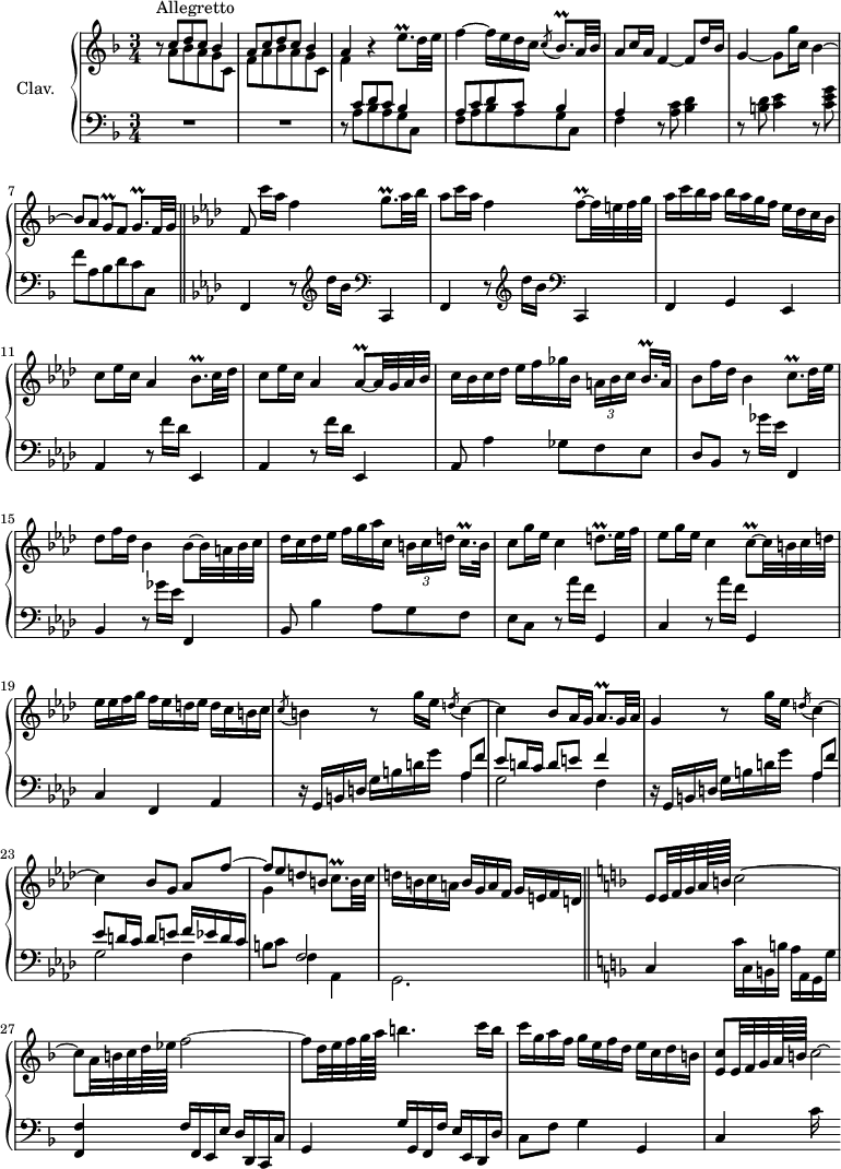 
\version "2.18.2"
\header {
  tagline = ##f
}

%% les petites notes
trillBesqp = { \tag #'print { bes8.\prall } \tag #'midi { c32 bes c bes~ bes16 } }
trillBesqpUp = { \tag #'print { e'8.\prall } \tag #'midi { f32 e f e~ e16 } }
trillGq = { \tag #'print { g8\prall } \tag #'midi { a32 g a g } }
trillGqp = { \tag #'print { g8.\prall } \tag #'midi { a32 g a g~ g16 } }
trillFq = { \tag #'print { f8\prall~ } \tag #'midi { g32 f g f~ } }
trillAesq = { \tag #'print { aes8\prall~ } \tag #'midi { bes32 aes bes aes~ } }
trillAesqp = { \tag #'print { aes8.\prall } \tag #'midi { bes32 aes bes aes~ aes16 } }
trillAesqqp = { \tag #'print { bes16.\prall } \tag #'midi { \times 2/3 { c32 bes c } bes } }
trillCesqqp = { \tag #'print { c16.\prall } \tag #'midi { \times 2/3 { d32 c d } c } }
trillDqp = { \tag #'print { d8.\prall } \tag #'midi { ees32 d ees d~ d16 } }
trillCq = { \tag #'print { c8\prall~ } \tag #'midi { d32 c d c~ } }
trillCqp = { \tag #'print { c8.\prall } \tag #'midi { d32 c d c~ c16 } }


upper = \relative c'' {
  \clef treble 
  \key f \major
  \time 3/4
  \tempo 4 = 78
  \set Staff.midiInstrument = #"harpsichord"
  \override TupletBracket.bracket-visibility = ##f

    s8*0^\markup{Allegretto}
    r8 << { c8 d c bes4 | a8 c d c bes4 | a } \\ { a8 bes a g c, | f a bes a g c, | f4 } >>  r4 \trillBesqpUp d32 e |
    % ms. 4
    f4~ f16 e d c \acciaccatura c8 \trillBesqp a32 bes | a8 c16 a f4~ f8 d'16 bes | g4~ g8 g'16 c, bes4~ | bes8 a \trillGq f8 \trillGqp f32 g  \bar "||" \key f \minor
    % ms. 8
    f8 c''16[ aes] f4 \trillGqp aes32 bes | aes8 c16 aes f4 \trillFq f32 e f g | aes16 c bes aes bes aes g f ees des c bes |
    % ms. 11
    c8 ees16 c aes4 \trillBesqp c32 des | c8 ees16 c aes4 \trillAesq aes32 g aes bes | c16 bes c des ees f ges bes, \times 2/3 { a16[ bes c] } \trillAesqqp a32 |
    % ms. 14
    bes8 f'16 des bes4 c8.\prall des32 ees | des8 f16 des bes4 bes8~ bes32 a bes c | des16 c des ees f g aes c, \times 2/3 { b16[  c d] } \trillCesqqp b32 |
    % ms. 17
    c8 g'16 ees c4  \trillDqp ees32 f | ees8 g16 ees c4 \trillCq c32 b c d | ees16 ees f g f ees d ees d c b c | 
    % ms. 20
    \acciaccatura c8 b4 r8 g'16 ees \acciaccatura d8 c4~ | c bes8 aes16 g \trillAesqp g32 aes | g4 r8 g'16 ees \acciaccatura d8 c4~ |
    % ms. 23
    c bes8 g << { aes8 f'~ | f[ ees d b] } \\ { s4 | g4 } >> \trillCqp b32 c | d16 b c a b g a f g e f d \bar "||" \key f \major
    % ms. 26
    e8 e32 f g a64 b c2~ | c8 a32 b c d64 ees f2~ | f8 d32 e f g64 a b4. c16 b
    % ms. 29
    c16 g a f g e f d e c d b | < e, c' >8 e32 f g a64 b c2*1/8~ \hideNotes c8 % j'aimerai tout mettre !

}

lower = \relative c' {
  \clef bass
  \key f \major
  \time 3/4
  \set Staff.midiInstrument = #"harpsichord"

    % **************************************
     R2.*2 | r8 << { c8 d c bes4 | a8 c d c bes4 | a } \\ { a8 bes a g c, | f a bes a g c, | f4 } >> r8 < a c >8 < bes d >4 r8 < b d >8 < c e >4 r8 < c e g >8 | f8 a, bes d c c, |  \key f \minor
    % ms. 8
    f,4 \repeat unfold 2 { r8   \clef treble  des'''16 bes    \clef bass c,,,4 | f } g ees |
    % ms. 11
    \repeat unfold 2 { aes4 r8 f''16 des ees,,4 } | aes8 aes'4 ges8 f ees |
    % ms. 14
    des8 bes r8    ges''16 ees f,,4 | bes r8  ges''16 ees f,,4 | bes8 bes'4 aes8 | g f |
    % ms. 17
    ees8 c \repeat unfold 2 { r8  aes''16 f g,,4 c } f, aes | 
    % ms. 20
    r16 g16 b d g b d g << { aes,8 f' | ees8 d16 c d8 e | f4 } \\ { aes,4 | g2 f4  } >> | r16 g,16 b d g b d g << { aes,8 f' | ees8 d16 c d8 e | f16 ees d c } \\ { aes4 | g2 f4  } >>
    % ms. 24
    b8 c << { f,2 } \\ { f4 aes, | g2. } >> \key f \major
    % ms. 26
    c4 c'16 c, b b' a a, g g' | < f, f' >4 f'16 f, e e' d d, c c' | g4 g'16 g, f f' e e, d d' |
    % ms. 29
    c8 f g4 g, | c c'16

}

thePianoStaff = \new PianoStaff <<
    \set PianoStaff.instrumentName = #"Clav."
    \new Staff = "upper" \upper
    \new Staff = "lower" \lower
  >>

\score {
  \keepWithTag #'print \thePianoStaff
  \layout {
      #(layout-set-staff-size 17)
    \context {
      \Score
     \override SpacingSpanner.common-shortest-duration = #(ly:make-moment 1/2)
      \remove "Metronome_mark_engraver"
    }
  }
}

\score {
  \keepWithTag #'midi \thePianoStaff
  \midi { }
}
