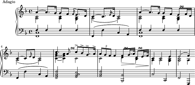 
\version "2.18.2"
\header {
 tagline = ##f
}
upper = \relative c'' {
 \clef treble 
 \key f \major
 \time 4/4
 \tempo 4 = 54
 %\autoBeamOff
 % \CouleDeTierce ??

 %%Montgeroult — Étude 113 (pdf p. 215) % Il faut repositionner en bas le \turn
 << { a4~ a8. g16 g8 f \acciaccatura f8 e8. d16 c4~ c8. \acciaccatura e8 d16 c2 a'4~ a8. g16 g8 f e8 f16 d c4~ c8 \grace e16 d8 c2 } { s1 s1 s2 s4 s16 s128 s\turn } \\ { \repeat unfold 2 { < c a >2 q4 < bes g >4 a2( a) } } >>
 << { c'4. a8 c8->[ bes-> g8.-> a16->] \tuplet 3/2 { a8 g f } f4 f8_\> g16. a32\! d,8_\> e16. f32\! } { s4 s8 s16 s128 s\turn s1 s8 s128 s\turn s4 s128 s\turn } \\ { < a f c >4~ q c,2 c d4 bes } >>
 << { c4 c2 e4 e2( f4) } \\ { a,4 a2 < bes g >4 q2 a4 } >> 
 

}

lower = \relative c {
 \clef bass
 \key f \major
 \time 4/4

 \repeat unfold 2 { << { f4 f f f } \\ { < c f, >1 } >> f,4( f' c a) }
 < f' c a f >2 < e c bes g > < f c a > < bes, bes, >
 c2 c, f f,4
 
}

 \header {
 piece = "Adagio"
 }

\score {
 \new PianoStaff <<
 \new Staff = "upper" \upper
 \new Staff = "lower" \lower
 >>
 \layout {
 \context {
 \Score
 \remove "Metronome_mark_engraver"
 }
 }
 \midi { }
}
