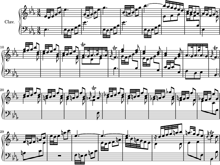 
\version "2.18.2"
\header {
  tagline = ##f
  % composer = "Domenico Scarlatti"
  % opus = "K. 68"
  % meter = ""
}

%% les petites notes
trillFp      = { \tag #'print { f4.\trill } \tag #'midi { g32 f g f~ f4 } }
trillAqqp    = { \tag #'print { aes16.\trill } \tag #'midi { \times 2/3 { bes32 aes bes } aes32 } }
trillBesp    = { \tag #'print { bes4\trill } \tag #'midi { c32 bes c bes~ bes8 } }
trillEes     = { \tag #'print { ees4\trill } \tag #'midi { f32 ees f ees~ ees8 } }

upper = \relative c'' {
  \clef treble 
  \key ees \major
  \time 3/8
  \tempo 4. = 52
  \set Staff.midiInstrument = #"harpsichord"
  \override TupletBracket.bracket-visibility = ##f

      %s8*0^\markup{Allegro}
      ees,32 d ees16 g8[ bes] | ees4. | g,32( f g16) bes8[ ees] | g4. | bes,32( a bes16) ees8[ g] | bes4.~ | \stemUp
      % ms. 7
      bes16 aes g f ees d | c bes bes8 \stemNeutral aes~ | aes32 g f16 g8 bes8\rest  \stemUp | g'32 f g16 bes8[ d,] | ees32 d ees16 g8[ bes,] | c32 bes c16 ees8[ g,] | \trillAqqp g32 aes16. bes32 g16. aes32 |
      % ms. 14
      \appoggiatura g32 \trillFp | < ees' g >4 < d f >8 | < c ees >4 < bes d >8 | < aes c >4 < g bes >8 | aes16. g32 aes16. f'32 aes,16. g32 |  \appoggiatura g32 \trillFp \stemUp | d'32 c d16 f8[ d] |
      % ms. 21
      c32 bes c16 f8[ c] | bes32 a bes16 f'8[ bes,] | \appoggiatura a32 \trillBesp a8 | des32 c des16 f8[ des] | c32 b c16 f8[ c] | bes32 a bes16 ges'8[ bes,] |
      % ms. 27
      a32 g a16 f'8[ f,] | ges32 f ges16 ees'8[ ges,] | f32 e f16 a8[ c] | \stemNeutral ees32 d ees16 a8[ c] | \stemUp ees,4.^~ | ees^~ |
      % ms. 33
      ees4. | r16 \stemUp d16 ees32 f g a bes8 | a16. g32 f8[ ees] | \stemNeutral \appoggiatura d32 \trillEes d8 | 

}

lower = \relative c' {
  \clef bass
  \key ees \major
  \time 3/8
  \set Staff.midiInstrument = #"harpsichord"
  \override TupletBracket.bracket-visibility = ##f

    % ************************************** \appoggiatura a16  \repeat unfold 2 {  } \times 2/3 { }   \omit TupletNumber 
      ees,4. | \repeat unfold 2 { ees32 d ees16 g8[ bes] | ees4. } | ees,32 d ees16 g8[ bes] | \stemDown \change Staff = "upper"
      % ms. 7
      ees8 f g | aes16 g f8 \stemNeutral \change Staff = "lower" bes, | ees,4 \stemDown \change Staff = "upper"  ees'8 | ees'4 bes8 | c4 g8 | aes4 ees8 | f d ees | \stemNeutral \change Staff = "lower"
      % ms. 14
      bes4.  \stemDown \change Staff = "upper" | g'32 f g16 bes8[ \stemUp  \change Staff = "lower" bes,] | \stemDown \change Staff = "upper"  ees32 d ees16 g8[ \stemUp  \change Staff = "lower" g,] | c32 bes c16 \stemDown \change Staff = "upper"  ees8[ \stemUp  \change Staff = "lower" ees,] \stemNeutral | f8 d ees | bes4. | \stemDown \change Staff = "upper"
      % ms. 20
      bes''4 bes8 | a4 a8 | g4 g8 | f4  \change Staff = "lower" f,8 | \stemDown \change Staff = "upper"
      bes'4 bes8 | aes4 aes8 | ges4 ges8 |
      % ms. 27
      f4 f8 | ees c \change Staff = "lower" bes | a c \stemDown \change Staff = "upper" e | \change Staff = "lower"  R4. | f,32 e f16 a8[ c] \stemDown \change Staff = "upper" | ees32 d ees16 f8[ a] |
      % ms. 33
      c32 bes a g f8 ees | d4 d8 | ees f \change Staff = "lower" f, | bes,4 bes'8 |

}

thePianoStaff = \new PianoStaff <<
    \set PianoStaff.instrumentName = #"Clav."
    \new Staff = "upper" \upper
    \new Staff = "lower" \lower
  >>

\score {
  \keepWithTag #'print \thePianoStaff
  \layout {
      #(layout-set-staff-size 17)
    \context {
      \Score
     \override SpacingSpanner.common-shortest-duration = #(ly:make-moment 1/2)
      \remove "Metronome_mark_engraver"
    }
  }
}

\score {
  \keepWithTag #'midi \thePianoStaff
  \midi { }
}
