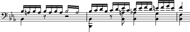 { \override Score.Rest #'style = #'classical \override Score.TimeSignature #'stencil = ##f \new Staff << \clef bass \key ees \major \new Voice \relative b { \stemUp bes16 a bes a bes a bes a \repeat tremolo 4 { bes16 a } | bes c d bes c d ees c d ees f d e f g e | f4 }
\new Voice \relative b, { \stemDown bes4 r r2 | <bes bes,>4 r8 <bes a'> <bes aes'>4 <bes g'> | <bes f'> } >> }