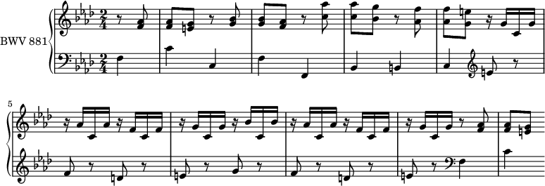 
\version "2.18.2"
\header {
  tagline = ##f
}

upper = \relative c'' {
  \clef treble 
  \key f \minor
  \time 2/4
  \tempo 4 = 56 % les tempos sont ceux de Keller (en général)
  \set Staff.midiInstrument = #"harpsichord" 

   %% PRÉLUDE CBT II-12, BWV 881, fa mineur
   \partial 4 r8 < aes f >8 | q < g e > r8 < bes g > | q < aes f > r8 < aes' c, > | q < g bes, > r8 < f aes, > q < e g, >
   r16 g, c, g' r16 aes c, aes' r16 f c f r16 g c, g' r16 bes c, bes' r16 aes c, aes' r16 f c f r16 g c, g' r8 < aes f >8 |
   q < g e >
   
}

lower = \relative c {
  \clef bass 
  \key f \minor
  \time 2/4
  \set Staff.midiInstrument = #"harpsichord" 
    
   f4 c' c, f f, bes b c
   \clef treble 
   e'8 r8 f r8 d r8 e r8 g r8 f r8 d r8 e r8
   \clef bass 
   f,4 c'
    
} 

\score {
  \new PianoStaff <<
    \set PianoStaff.instrumentName = #"BWV 881"
    \new Staff = "upper" \upper
    \new Staff = "lower" \lower
  >>
  \layout {
    \context {
      \Score
      \remove "Metronome_mark_engraver"
    }
  }
  \midi { }
}
