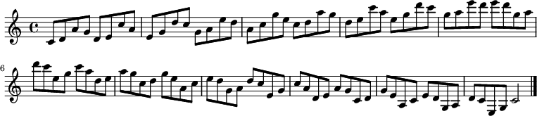 
{

\modalTranspose c c' { c d e g a } { c8 d a g } 
\modalTranspose c d' { c d e g a } { c d a g } 
\modalTranspose c e' { c d e g a } { c d a g } 
\modalTranspose c g' { c d e g a } { c d a g } 
\modalTranspose c a' { c d e g a } { c d a g } 
\modalTranspose c c'' { c d e g a } { c d a g } 
\modalTranspose c d'' { c d e g a } { c d a g } 
\modalTranspose c e'' { c d e g a } { c d a g } 
\modalTranspose c g'' { c d e g a } { c d a g } 

\modalInversion c e''' { c d e g a } { c d a g } 
\modalInversion c d''' { c d e g a } { c d a g } 
\modalInversion c c''' { c d e g a } { c d a g } 
\modalInversion c a'' { c d e g a } { c d a g } 
\modalInversion c g'' { c d e g a } { c d a g } 
\modalInversion c e'' { c d e g a } { c d a g } 
\modalInversion c d'' { c d e g a } { c d a g } 
\modalInversion c c'' { c d e g a } { c d a g } 
\modalInversion c a' { c d e g a } { c d a g } 
\modalInversion c g' { c d e g a } { c d a g } 
\modalInversion c e' { c d e g a } { c d a g } 
\modalInversion c d' { c d e g a } { c d a g } 

c'2

\bar "|."
}
