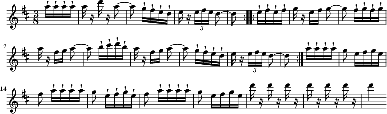 { \time 3/8 \key d \major \partial 4 \relative a'' { \repeat volta 2 { a16-! a-! a-! a-! | a r d r a8 ~ | a g16-![ fis-! e-! d-!] | e r \times 2/3 { e[ fis e] } d8 ~ | d } \repeat volta 2 { e16-! fis-! e-! fis-! | g r e[ fis] g8 ~ | g fis16-![ g-! fis-! g-!] | a r fis[ g] a8 ~ | a b16-![ cis-! d-! b-!] | a r fis[ g] a8 ~ | a g16-![ fis-! e-! d-!] | e r \times 2/3 { e[ fis e] } d8 ~ | d } a'16-! a-! a-! a-! | g8 e16[ fis g e] | fis8 a16-![ a-! a-! a-!] | g8 e16-![ fis-! g-! e-!] | fis8 a16-![ a-! a-! a-!] | g8 e16[ fis g e] | d' r d r d r | d r d r d r | d4 } }