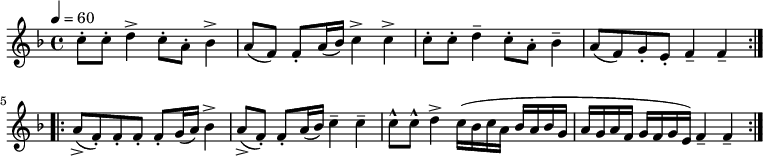 
\version "2.14.2"
\header {
 tagline = "" % ne legyen copyright szöveg
 }
dallam = { \relative c' {
 \key d \minor
 \time 4/4
 \tempo 4 = 60
 \set Staff.midiInstrument = "baritone sax"
 \transposition c'
 \repeat volta 2 {
 c'8-. c-. d4-> c8-. a-. bes4-> a8( f) f-. a16( bes) c4-> c->
 c8-. c-. d4-- c8-. a-. bes4-- a8( f) g-. e-. f4-- f-- }
 \repeat volta 2 {
 a8->( f-.) f-. f-. f-. g16( a) bes4-> a8->( f-.) f-. a16( bes) c4-- c--
 c8-^ c-^ d4-> c16( bes c a bes a bes g a g a f g f g e) f4-- f-- }
 }
}
\score {
 \dallam
 \layout {
 indent = 0.0\cm
 }
}
\score {
 \unfoldRepeats
 \dallam
 \midi { }
}
