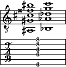  
<<
  %\override Score.BarLine.break-visibility = ##(#f #t #t)
  \time 2/1
    \new Staff  {
    \clef "treble_8"
        \once \override Staff.TimeSignature #'stencil = ##f
        <ais,  gis cis' fisis' bis'>1 | <bes,  aes des' g' c''>1 |
    }

     \new TabStaff {
       \override Stem #'transparent = ##t
       \override Beam #'transparent = ##t 
      s2 <ais,\6  gis\4 cis'\3 g'\2 c''\1>1 s2
  }
>>
