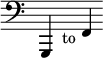 { \override Score.TimeSignature #'stencil = ##f \time 16/4 \clef bass g,,4 s1._"to" f,4 }