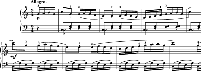 
sVarB = { r4 | << { \voiceOne c8[<e g>_. <e g>_. <e g>_.] | c8[<e g>_. <e g>_. <e g>_.] | c8[<e g>_. <f g>_. <f g>_.] | c8[<e g>_. <f g>_. <f g>_.] | c8[<e g>_. <e g>_. <e g>_.] | c8[<e g>_. <e g>_. <e g>_.] | c8[<e g> <f g> <f g>] | <e g>8 } \new Voice { \voiceTwo c2_5 | c2 | c2 | c2 | c2 | c2 | c2( | c8) } >> \oneVoice r8 r4 | c16([g' e g]) c,([g' e g]) | c,([g' e g]) c,([g' e g]) | c,([g' e g]) c,([g' e g]) | c,([g' e g]) c,([g' e g]) | c,([g' e g]) c,([g' e g]) | c,([g' e g]) c,([g' e g]) | c,([g' e g]) c,([g' f g]) | <c, e g>4 }

sVarA = { \partial 4 g16-2\p[a b g] | c8)[g-.-2] \slurDown g16-3([a g f] | e8)[e-.-2] e16-3([f e d] | c[d e f-1] g-2[a b g] | c4->) g16-2([a b g] | 
c8)[g-.-2] g16-3([a g f] | e8)[e-.-2] e16-3([f e d] | c[d e f-1] g[a b g]) | \slurNeutral c-1( \< [d e f-1] g[a b g]\! | c8)\mf[g-.-2] g16-3([a g f] | e8)[e-.-2] e16-3([f e d] | 
c[d e f-1] g-2[a b g] | c4) g16-2([a b g] | c8)[g-.-2] g16-3([a g f] | e8)[e-.-2] e16-3([f e d] | c[d e f-1] g-2[a b g] | c4) \bar "||" }

\paper { #(set-paper-size "a2") oddHeaderMarkup = \evenHeaderMarkup }
\header { tagline = ##f }
\version "2.18.2"
\score {
\midi {  }
\layout { line-width = #400
\context { \PianoStaff \consists #Span_stem_engraver } indent = 2\cm}
\new PianoStaff <<
  \new Staff { \clef 
"violin" \key c \major \time 2/4 \tempo \markup { \bold "Allegro." } \relative f' { \sVarA } }
  \new Staff { \clef "bass" \key c \major \time 2/4 \relative c { \sVarB } }
>> }