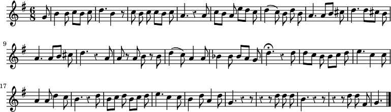 
\relative c'' {
  \key g \major
  \time 6/8
  \partial 8
  \set Timing.beatStructure = #'(2 1 2 1) %réglage ligatures
  \override Rest #'style = #'classical
  g8 b4 b8
  c b c
  d4. b4 r8
  c\noBeam b c c b c
  a4. r4 a8
  c b a e' d c
  d4( c8) b\noBeam d b

  a4. a8 b cis
  d4. d8 cis b
  a4. a8 b cis
  d4. r4 a8
  a r a b r b
  d4( c8) a4 a8
  bes4 bes8 bes a g

  d'4.\fermata r4 d8
  d c b b c d
  e4. c4 c8
  a4 a8 d4 c8
  b4. r4 d8
  b c d b c d
  e4. c4 c8

  b4 d8 a4 d8
  g,4. r4 r8
  r4 r8 d'8\noBeam d d
  b4. r4 r8
  r4 r8 d8\noBeam d fis,
  g4.
  \bar "|."
}
