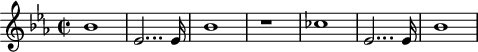 \header {  tagline = ##f}\score {  \new Staff \with {  }<<  \relative c'' {    \key ees \major    \time 2/2    \tempo 2 = 80    \override TupletBracket #'bracket-visibility = ##f     %\autoBeamOff    \set Staff.midiInstrument = #"French horn"     %%%%%%%%%%%%%%%%%%%%%%%%%% AB 4-1 th1     bes1 ees,2... ees16 bes'1 r1 ces1 ees,2... ees16 bes'1  }>>  \layout {    \context { \Score \remove "Metronome_mark_engraver"    }  }  \midi {}}