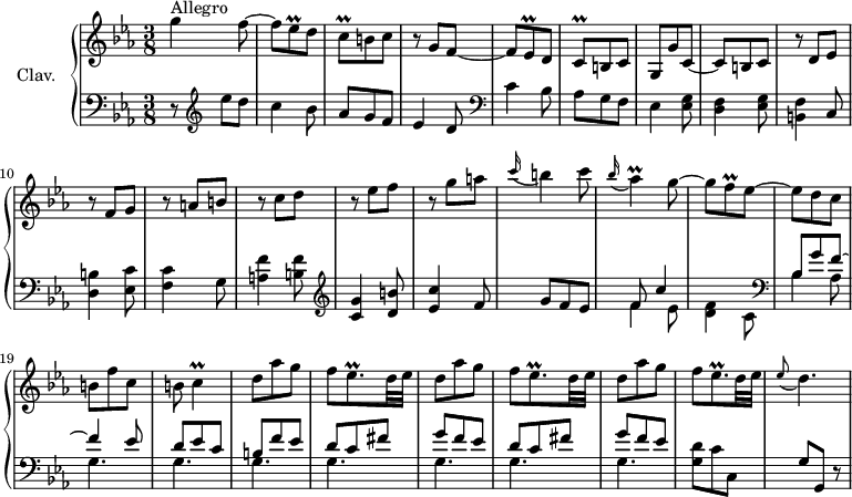 
\version "2.18.2"
\header {
 tagline = ##f
 % composer = "Domenico Scarlatti"
 % opus = "K. 226"
 % meter = "Allegro"
}

%% les petites notes
trillEesq = { \tag #'print { ees8\prall } \tag #'midi { f32 ees f ees } }
trillCq = { \tag #'print { c8\prall } \tag #'midi { d32 c d c } }
trillAes = { \tag #'print { aes4\prall } \tag #'midi { bes32 aes bes aes~ aes8 } }
trillFq = { \tag #'print { f8\prall } \tag #'midi { g32 f g f } }
trillEesqp = { \tag #'print { ees8.\prall } \tag #'midi { f32 ees f ees~ ees16 } }
trillC = { \tag #'print { c4\prall } \tag #'midi { d32 c d c~ c8 } }
appoEesDp = { \tag #'print { \appoggiatura ees8 d4. } \tag #'midi { ees4 d8 } }

upper = \relative c'' {
 \clef treble 
 \key c \minor
 \time 3/8
 \tempo 4. = 72
 \set Staff.midiInstrument = #"harpsichord"
 \override TupletBracket.bracket-visibility = ##f

 s8*0^\markup{Allegro}
 g'4 f8~ | f \trillEesq d8 | \trillCq b8 c | r8 g8 f~ | f \trillEesq d8 | \trillCq b8 c | g g' c,~ |
 % ms. 8
 c8 b c | r8 d8 ees | r8 f8 g | r8 a8 b| r8 c8 d | r8 ees8 f | r8 g8 a | \appoggiatura c16 b4 c8 |
 % ms. 16
 \appoggiatura bes16 \trillAes g8~ | g \trillFq ees8~ | ees d c | b f' c | b \trillC | \repeat unfold 3 { d8 aes' g |f \trillEesqp d32 ees } |
 % ms. 27
 \appoEesDp |
 % ms. 30
 
 % ms. 38
 
 % ms. 45
 

}

lower = \relative c' {
 \clef bass
 \key c \minor
 \time 3/8
 \set Staff.midiInstrument = #"harpsichord"
 \override TupletBracket.bracket-visibility = ##f

 % ************************************** \appoggiatura a16 \repeat unfold 2 { } \times 2/3 { } \omit TupletNumber 
 r8 \clef treble ees'8 d | c4 bes8 | aes g f | ees4 d8 \clef bass | c4 bes8 | aes g f | ees4 < ees g >8
 % ms. 8
 < d f >4 < ees g >8 | < b f' >4 c8 | < d b' >4 < ees c' >8 | < f c' >4 g8 | < a f' >4 < b f' >8 \clef treble | < c g' >4 < d b' >8 | < ees c' >4 f8 | g8 f ees |
 % ms. 16
 << { f8 c'4 } \\ { f,4 ees8 | < d f >4 c8 } >> \clef bass | 
 << { bes8 g' f~ | f4 ees8 | d ees c | b f' ees | \repeat unfold 2 { d c fis | g f ees } } 
 \\ { bes4 aes8 | \repeat unfold 7 { g4. } } >>
 % ms. 26
 < g d' >8 c c, | g' g, r8
 % ms. 30
 
 % ms. 38
 
 % ms. 45
 

}

thePianoStaff = \new PianoStaff <<
 \set PianoStaff.instrumentName = #"Clav."
 \new Staff = "upper" \upper
 \new Staff = "lower" \lower
 >>

\score {
 \keepWithTag #'print \thePianoStaff
 \layout {
 #(layout-set-staff-size 17)
 \context {
 \Score
 \override SpacingSpanner.common-shortest-duration = #(ly:make-moment 1/2)
 \remove "Metronome_mark_engraver"
 }
 }
}

\score {
 \keepWithTag #'midi \thePianoStaff
 \midi { }
}
