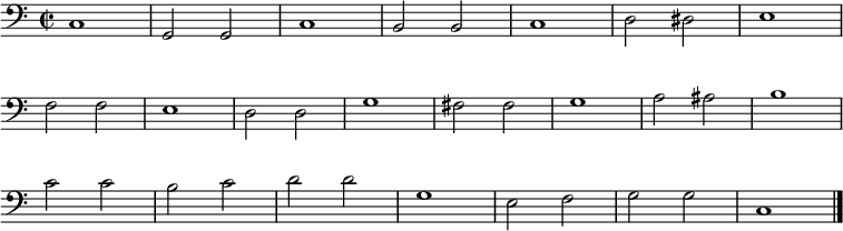 
\relative c {
  \clef bass
  \time 2/2
  \override Score.BarNumber #'stencil = ##f
  c1 g2 g c1 b2 b c1 d2 dis e1\break
  f2 f e1 d2 d g1 fis2 fis g1 a2 ais b1\break
  %tourne
  c2 c b c d d g,1 e2 f g g c,1
  \bar "|."
}
