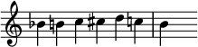 { \override Score.TimeSignature #'stencil = ##f \time 6/4 \relative c'' { bes4 b c cis d c | b s } }