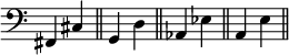 { \override Score.TimeSignature #'stencil = ##f \time 2/4 \set Timing.defaultBarType = "||" \clef bass fis, cis g, d aes, ees a, e }